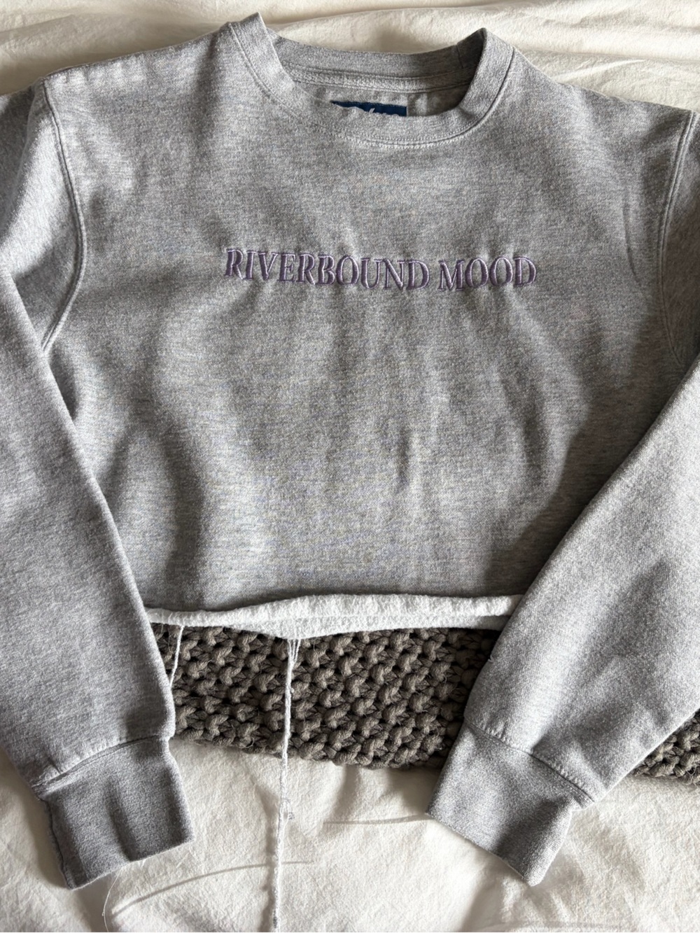 Blue 84 Gray Crewneck Sweatshirt with Purple Embroidered Text